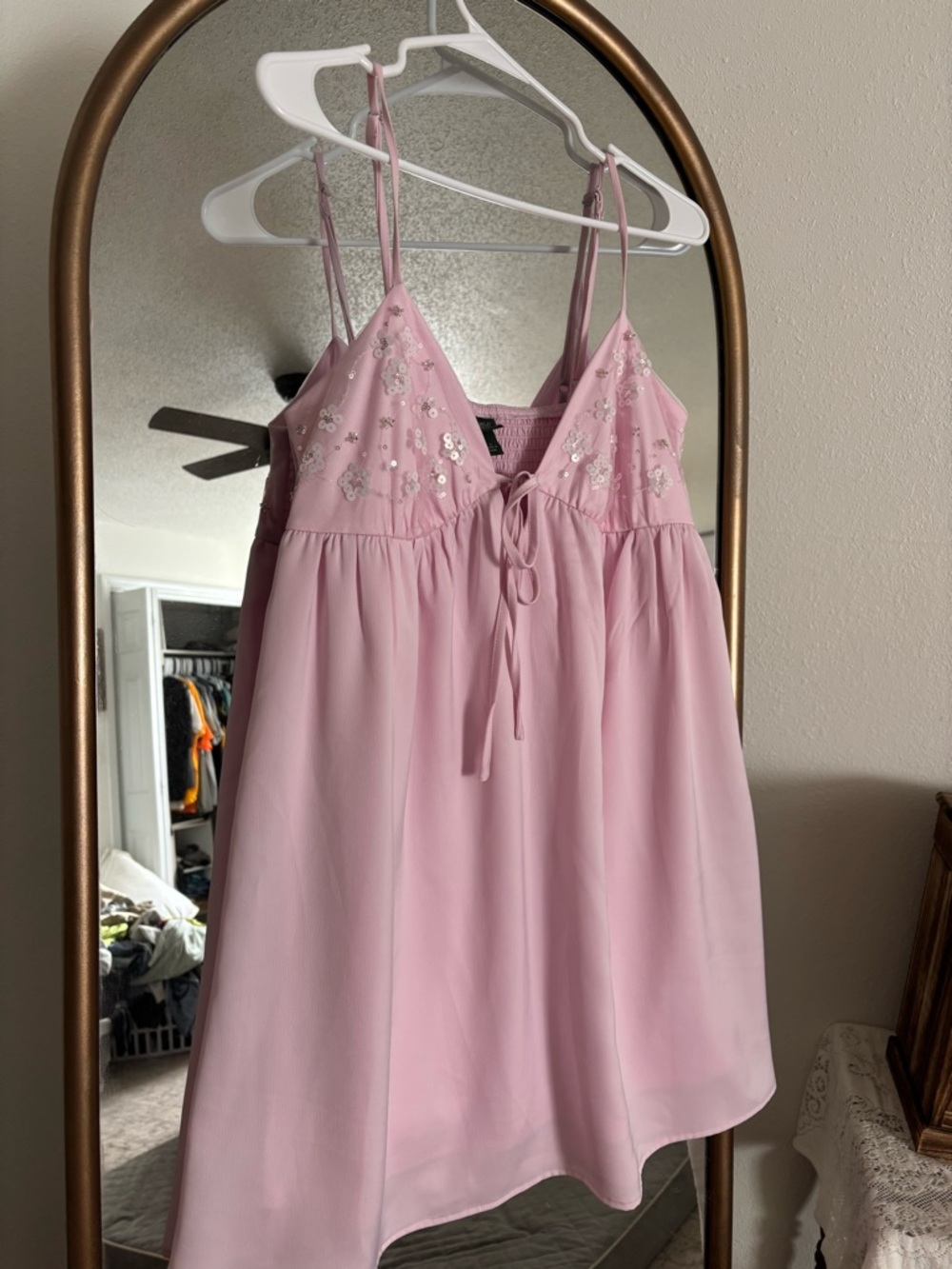 Pink Embellished Spaghetti Strap Babydoll Dress